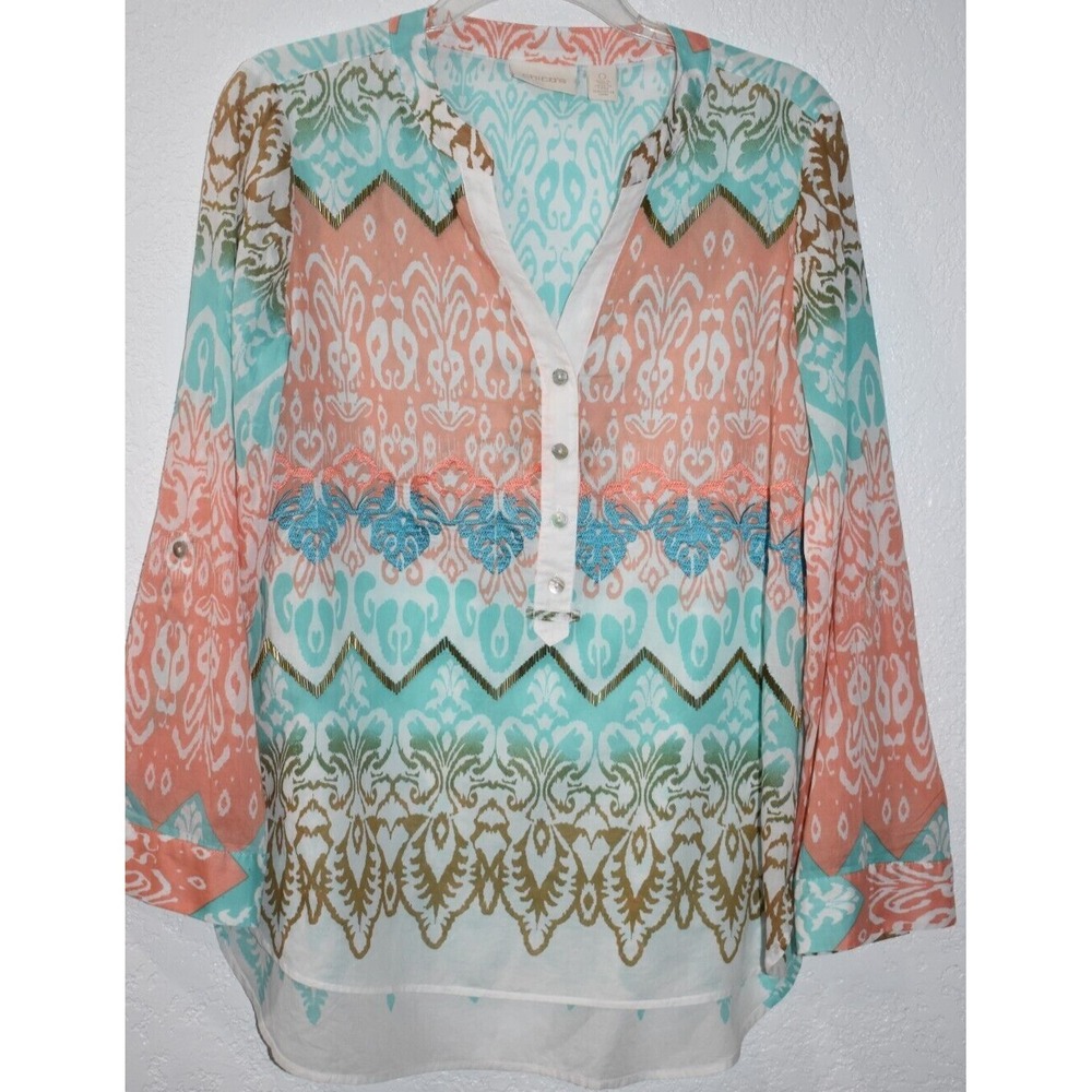 Chicos 0/Small Popover Batik Artsy Roll tab Slv Gold beads Lightweight Boho Top